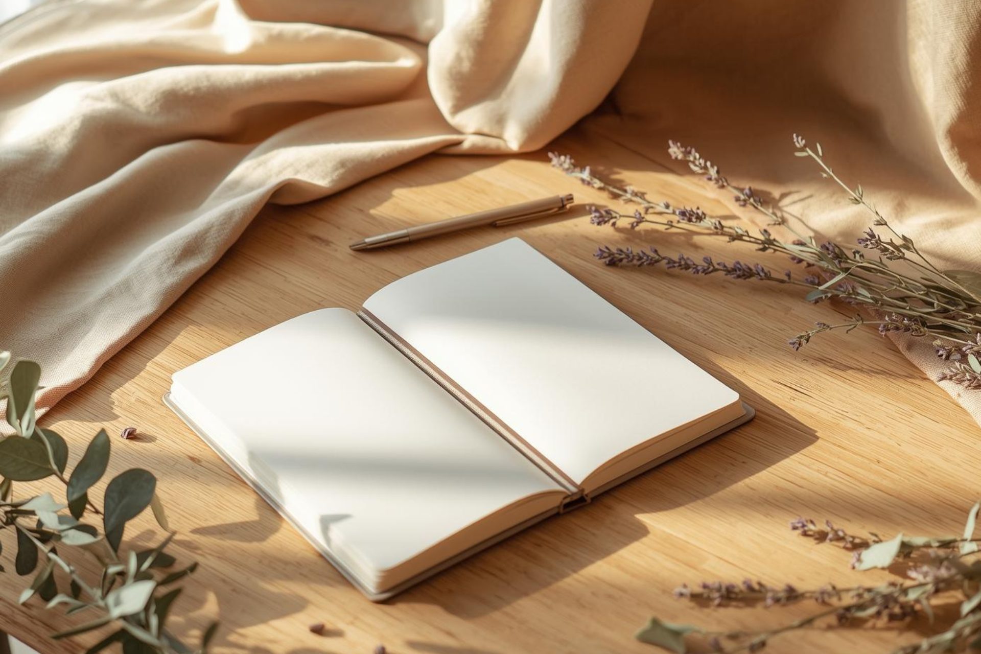 an open blank journal on a wooden table, surrounded by soft beige fabric, lavender sprigs and eucalyptus, in warm natural light