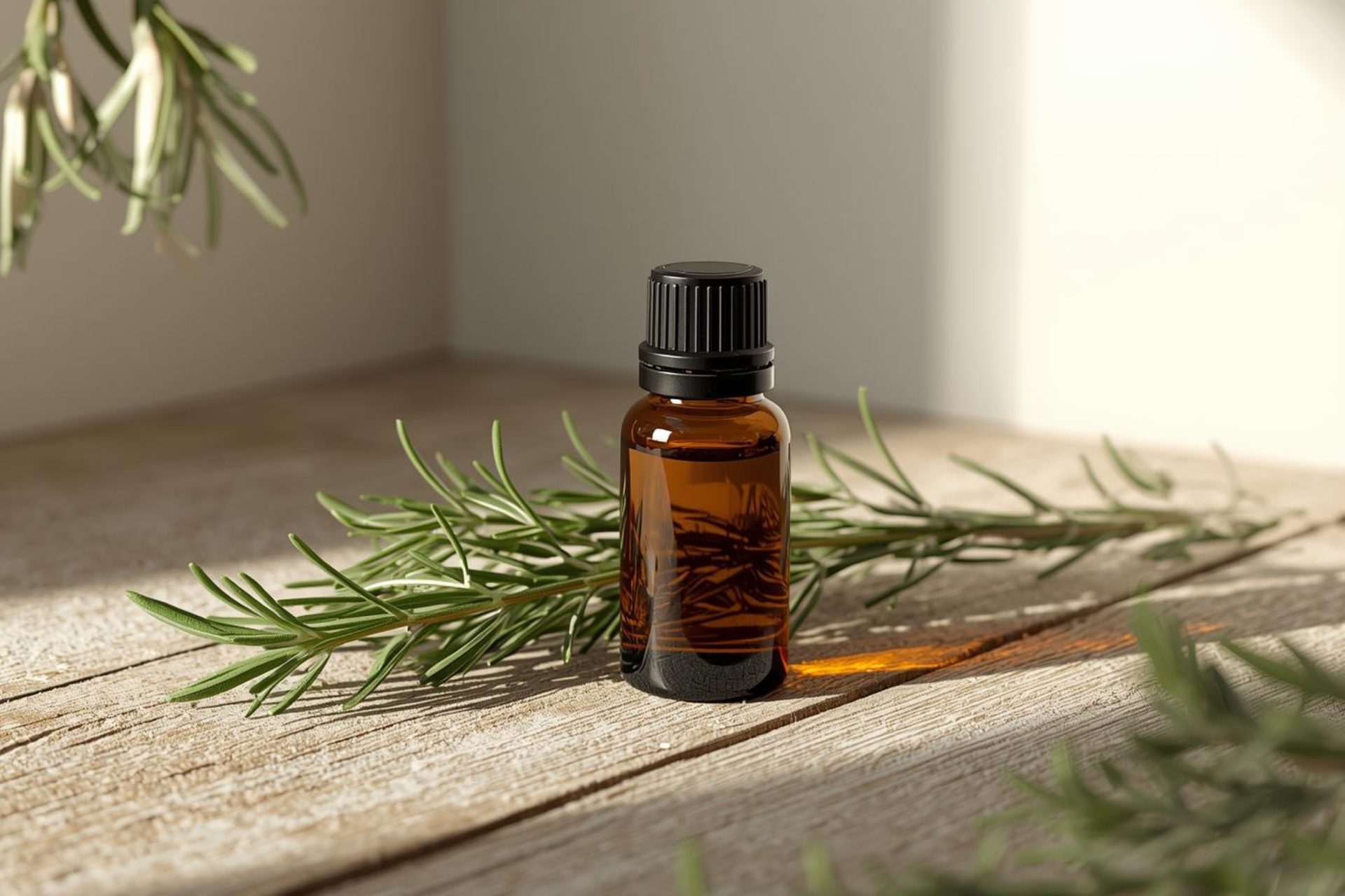 Amber glass bottle of rosemary essential oil with fresh rosemary sprigs on a wooden surface, in natural light